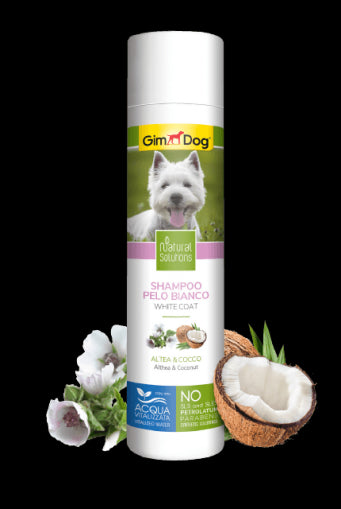 Шампоан за кучета с бяла и светла козина 250 мл - GimDog Natural Solutions - с лечебна ружа и кокосов орех - Zoo-PetShop