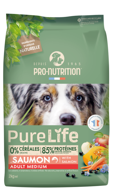 Pure Life Dog ADULT MEDIUM with Salmon 2 кг - Пълноценна храна за пораснали кучета от средни породи на възраст над 1 г, с тегло от 10 – 25 кг, със СьОМГА. Без зърно, без глутен. Произведена във Франция. - Zoo-PetShop