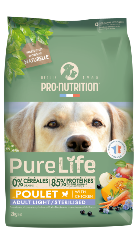 Pure Life Dog ADULT LIGHT and/or STERILIZED with Chicken 2 кг - Пълноценна храна за пораснали кучета със склонност към наднормено тегло и/или кастрирани кучета от всички породи на възраст над 1 година, с ПИЛЕ. Без зърно, без глутен. Производство - Франция - Zoo-PetShop