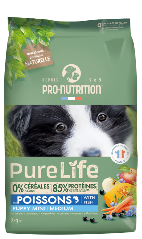 Pure Life Dog PUPPY MINI MEDIUM with Fish 2 kg - Пълноценна храна за подрастващи кучета от дребни и средни породи, под 15 мес, под 25 кг. С риба. Подходяща и за женски кучета в края на бременността или в периода на кърмене. Без зърно, без глутен. Франция - Zoo-PetShop