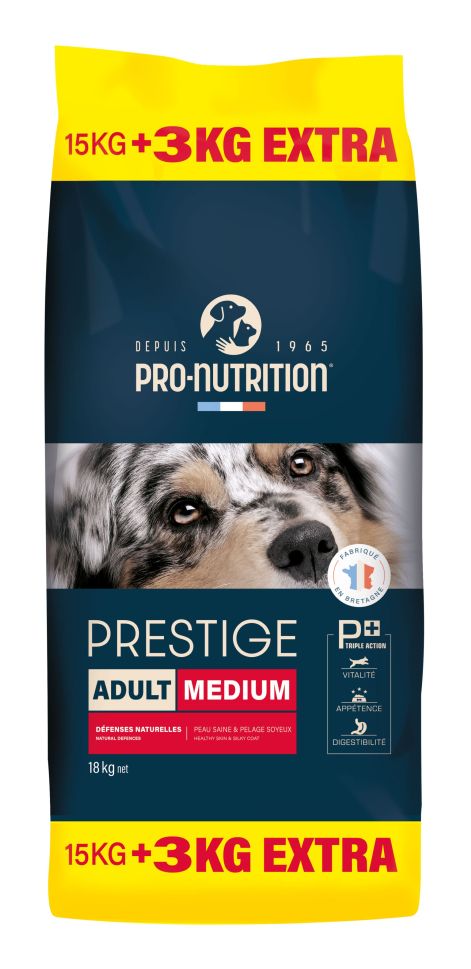 PRESTIGE DOG ADULT MEDIUM 15 kg + 3 kg гратис - Пълноценна храна за пораснали кучета от средни породи. Произведена във Франция. - Zoo-PetShop